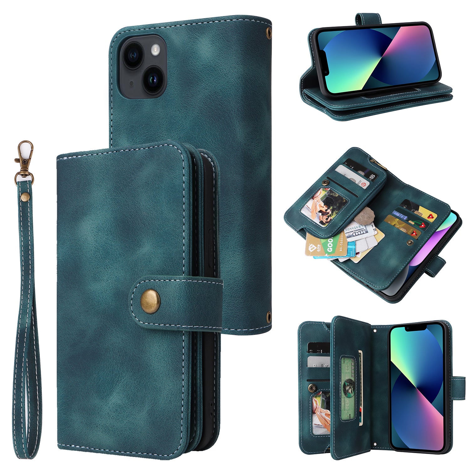 Multifunkční pouzdro na telefon iPhone 13 PU kožený stojánek na zip kapsa na peněženku Kryt na telefon s popruhy Multifunkční pouzdro na telefon iPhone 13 PU kožený stojánek na zip kapsa na peněženku Kryt na telefon s popruhy